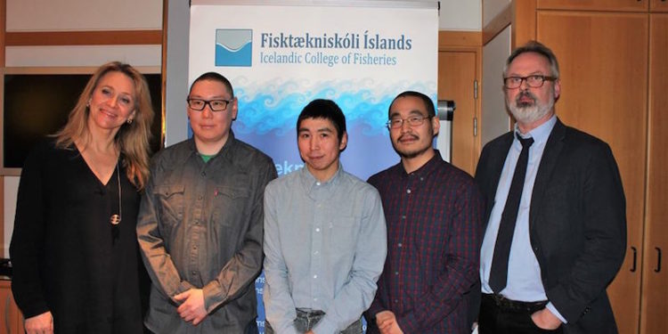 Fisheries minister Thorgerður Katrín Gunnarsdóttir with the three candidates from Greenland and Ólafur Arnbjörnsson