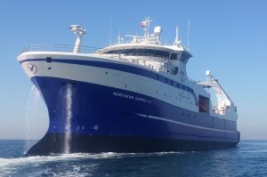 The third trawler built to a Skipstekisk design for Canadian company MV Osprey Ltd is due to be named at the Tersan shipyard tomorrow (14th Nov). - @ Fiskerforum