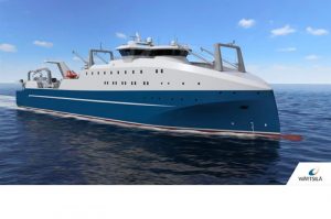 The 121 metre factory trawler with its unique bow design will also be capable of processing fish from other vessels. Image: Wärtsilä Ship Design - @ Fiskerforum