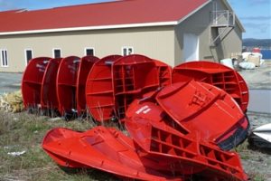 Shark trawl doors outside Vónin Canada's facilities. - @ Fiskerforum